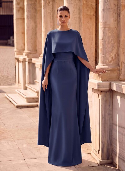 Sheath/Column Scoop Neck Cape Sleeves Floor-Length Crepe Satin Evening Dresses