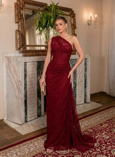 Sheath/Column One-Shoulder Sweep Train Charmeuse Evening Dresses With Lace/Pleated/High Split