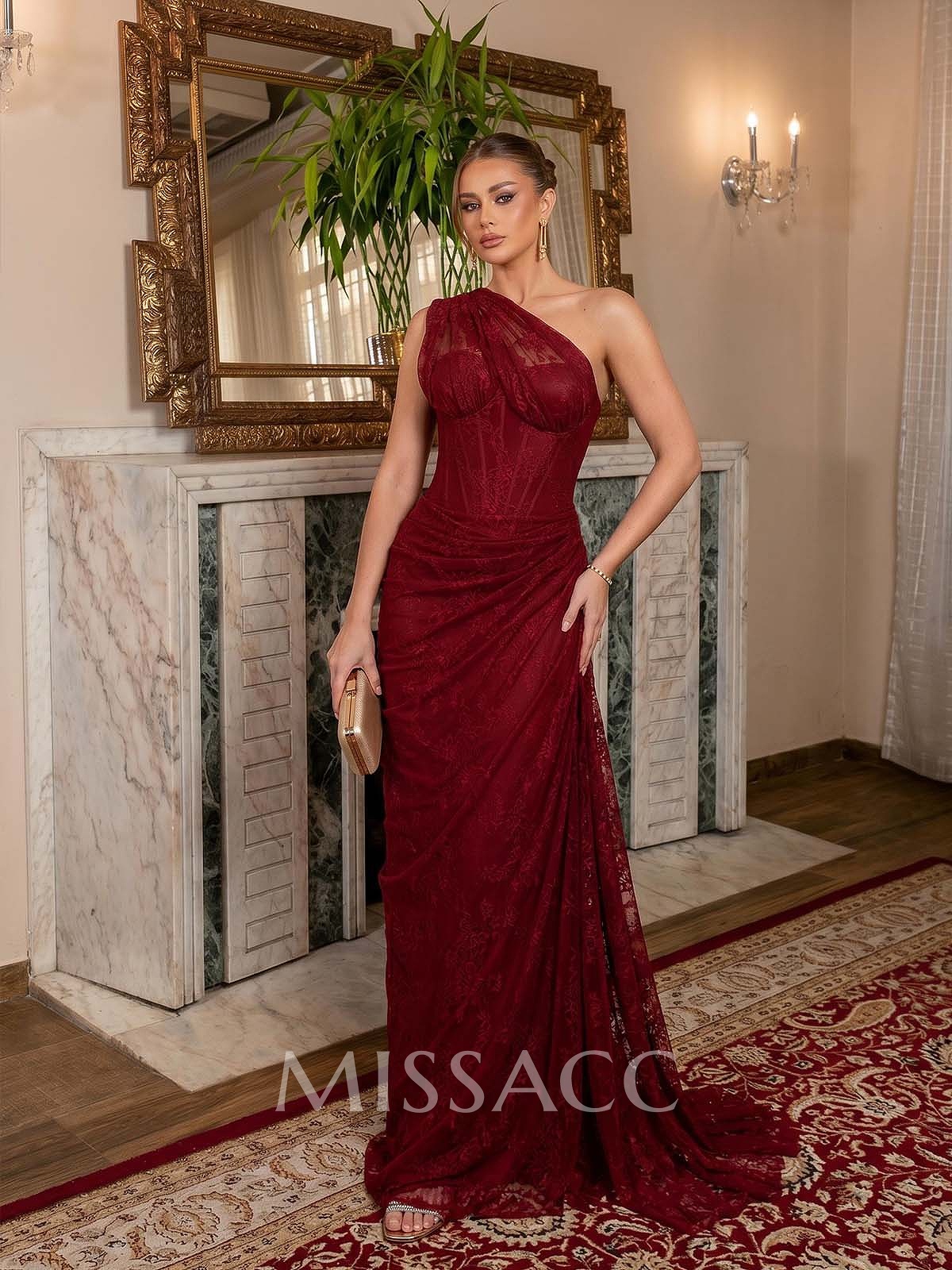 Sheath/Column One-Shoulder Sweep Train Charmeuse Evening Dresses With Lace/Pleated/High Split