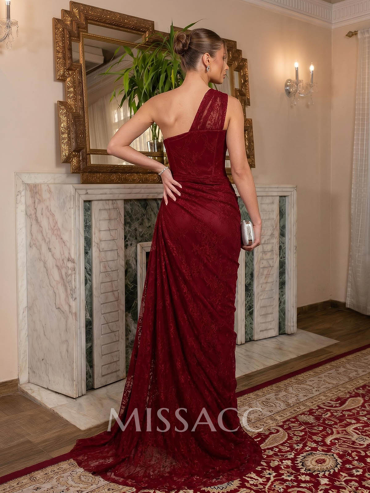 Sheath/Column One-Shoulder Sweep Train Charmeuse Evening Dresses With Lace/Pleated/High Split
