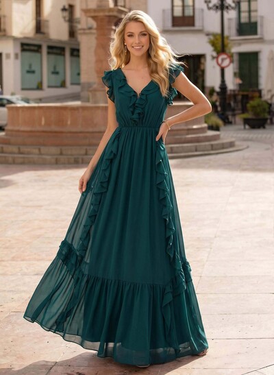 Elegant A-Line V-Neck Sleeveless Floor-Length Chiffon Evening Dresses With Ruffle/Back Hole
