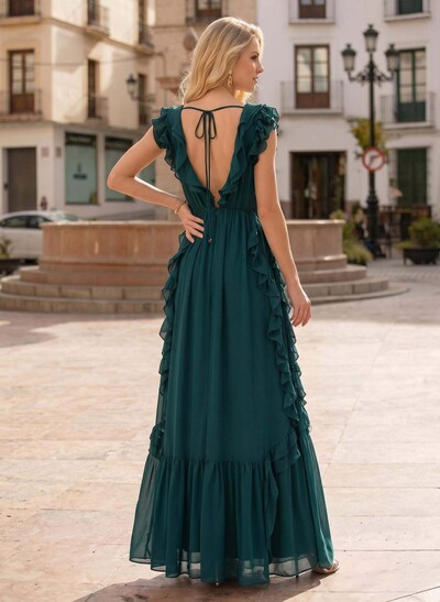 Elegant A-Line V-Neck Sleeveless Floor-Length Chiffon Evening Dresses With Ruffle/Back Hole