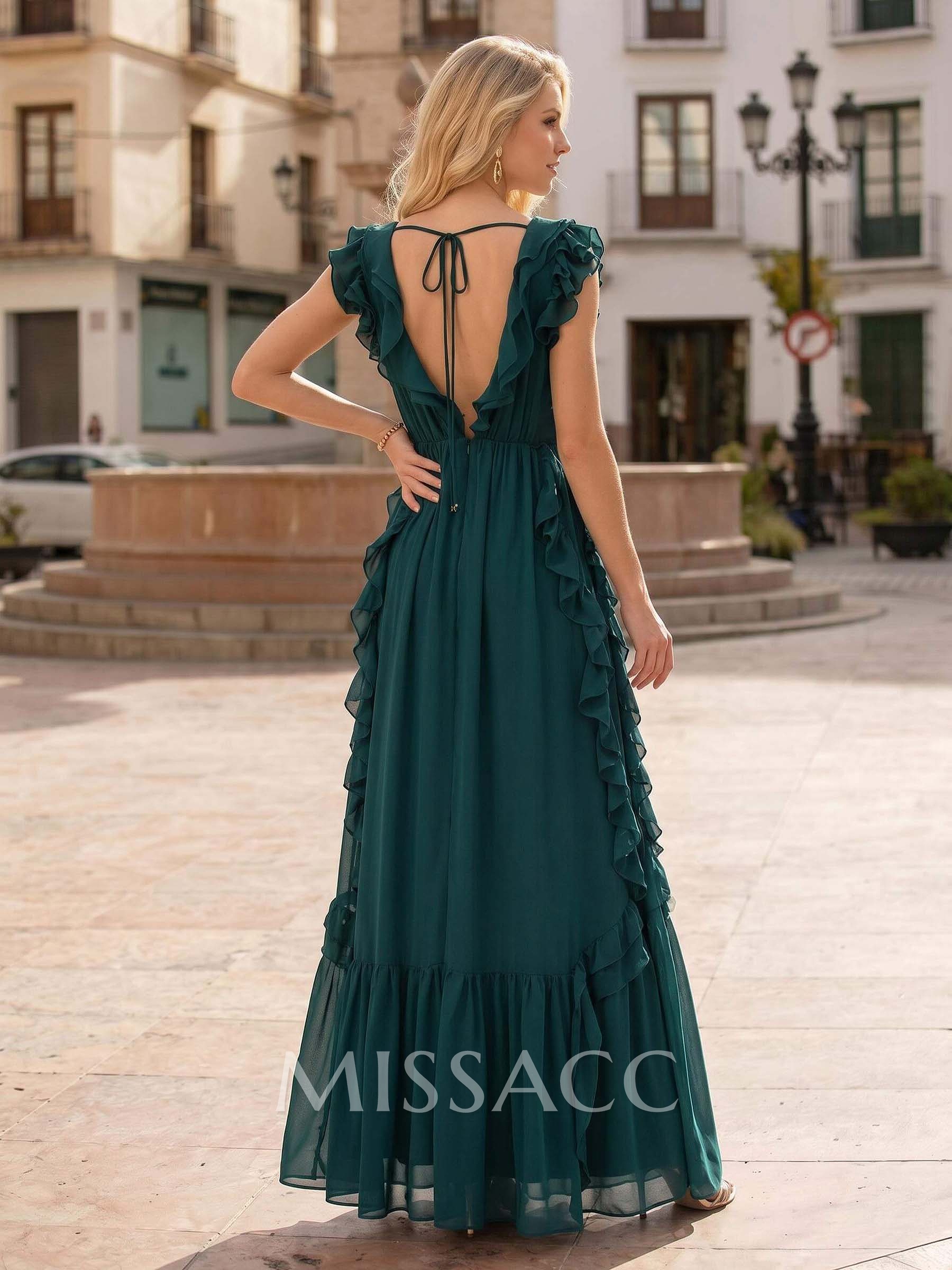 Elegant A-Line V-Neck Sleeveless Floor-Length Chiffon Evening Dresses With Ruffle/Back Hole