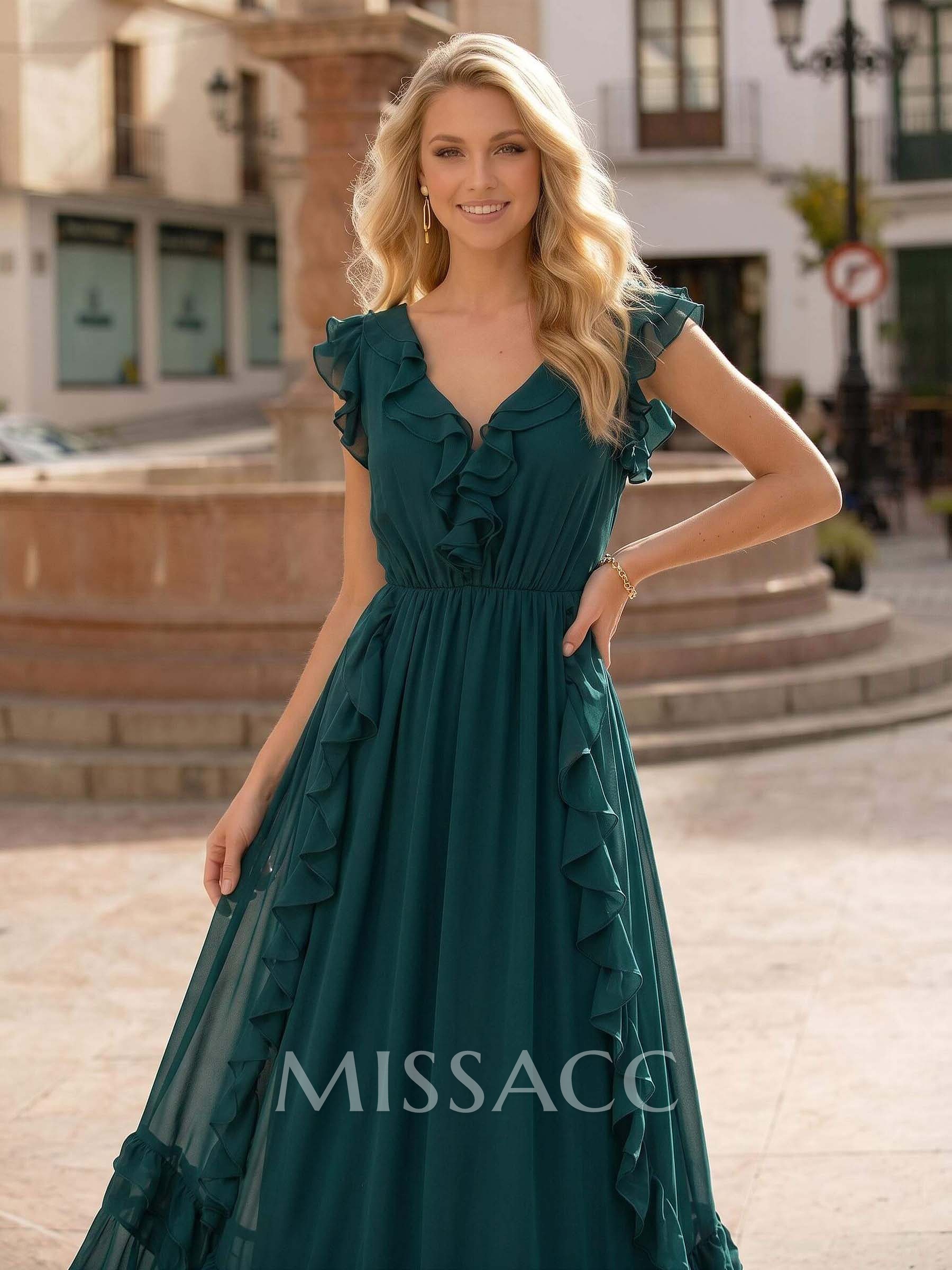 Elegant A-Line V-Neck Sleeveless Floor-Length Chiffon Evening Dresses With Ruffle/Back Hole