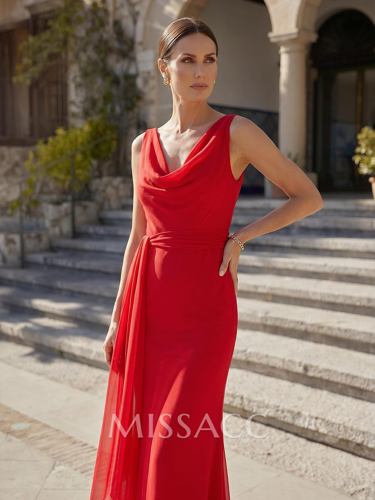 Sheath/Column Cowl Neck Sleeveless Floor-Length Chiffon/Tulle Evening Dresses With Sweeping Side Drape
