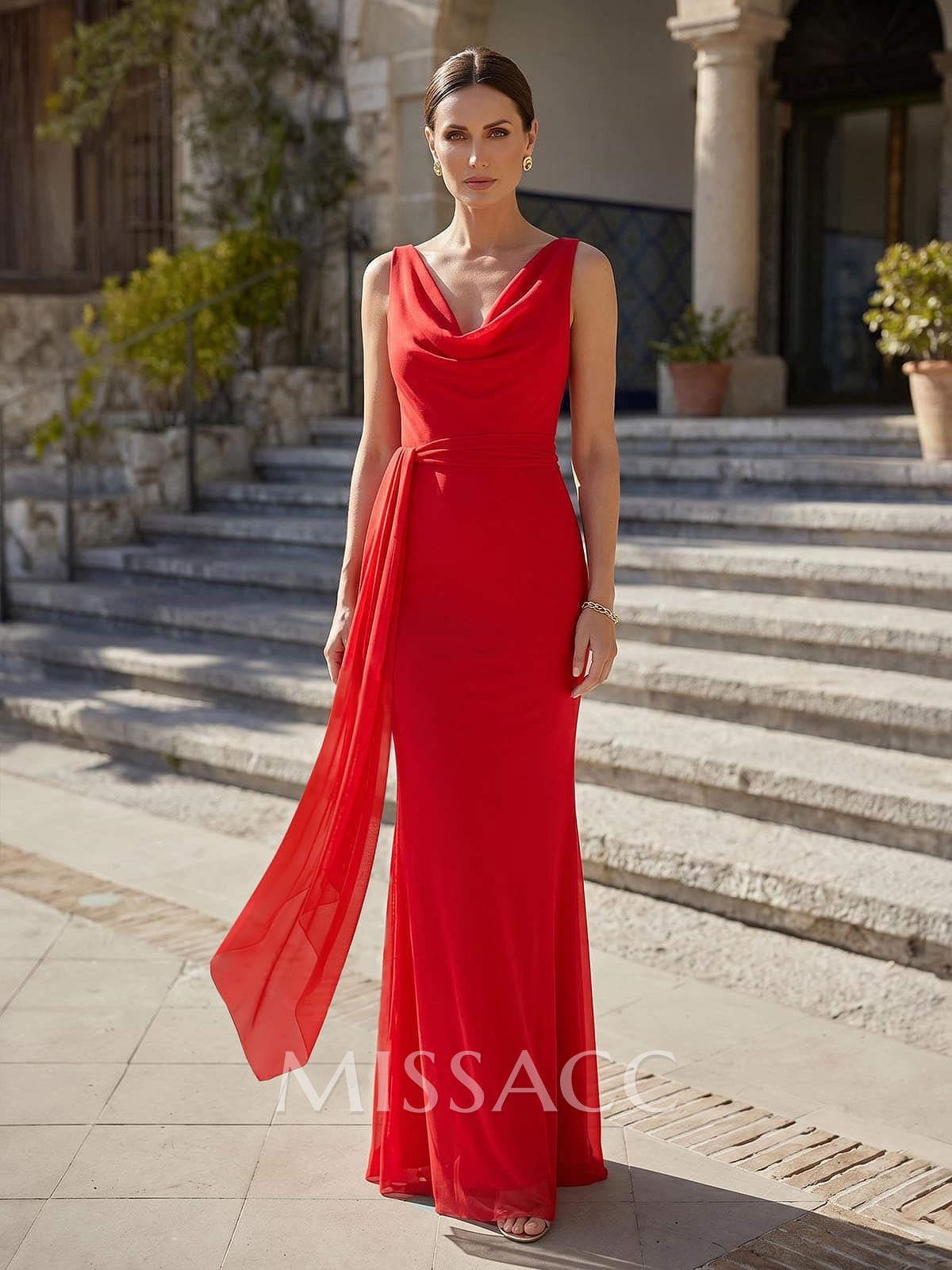 Sheath/Column Cowl Neck Sleeveless Floor-Length Chiffon Evening Dresses With Sweeping Side Drape