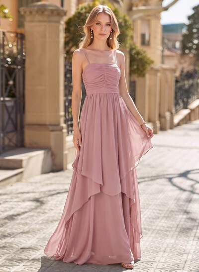 A-Line Square Neckline Sleeveless Floor-Length Chiffon Evening Dresses With Bow(s)/Sash