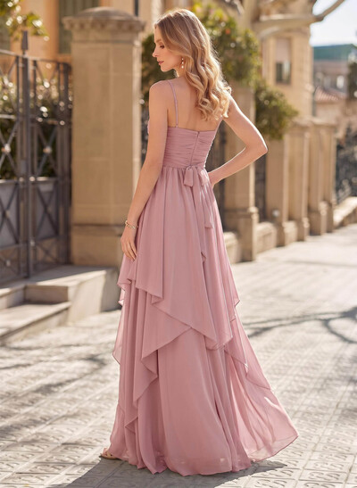 A-Line Square Neckline Sleeveless Floor-Length Chiffon Evening Dresses With Bow(s)/Sash