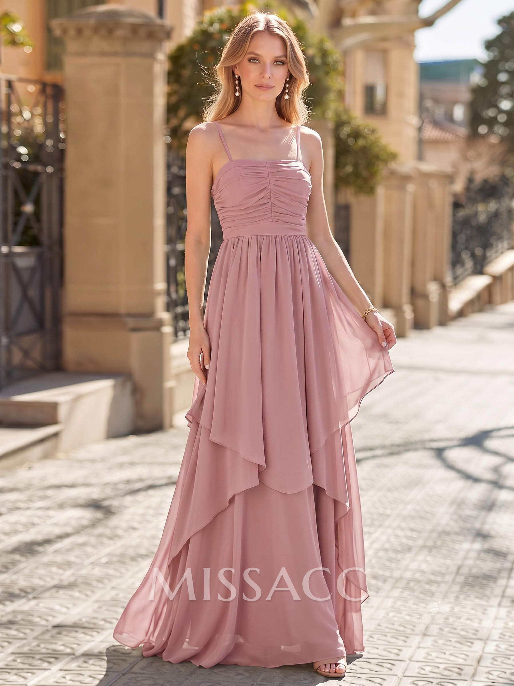 A-Line Square Neckline Sleeveless Floor-Length Chiffon Evening Dresses With Bow(s)/Sash