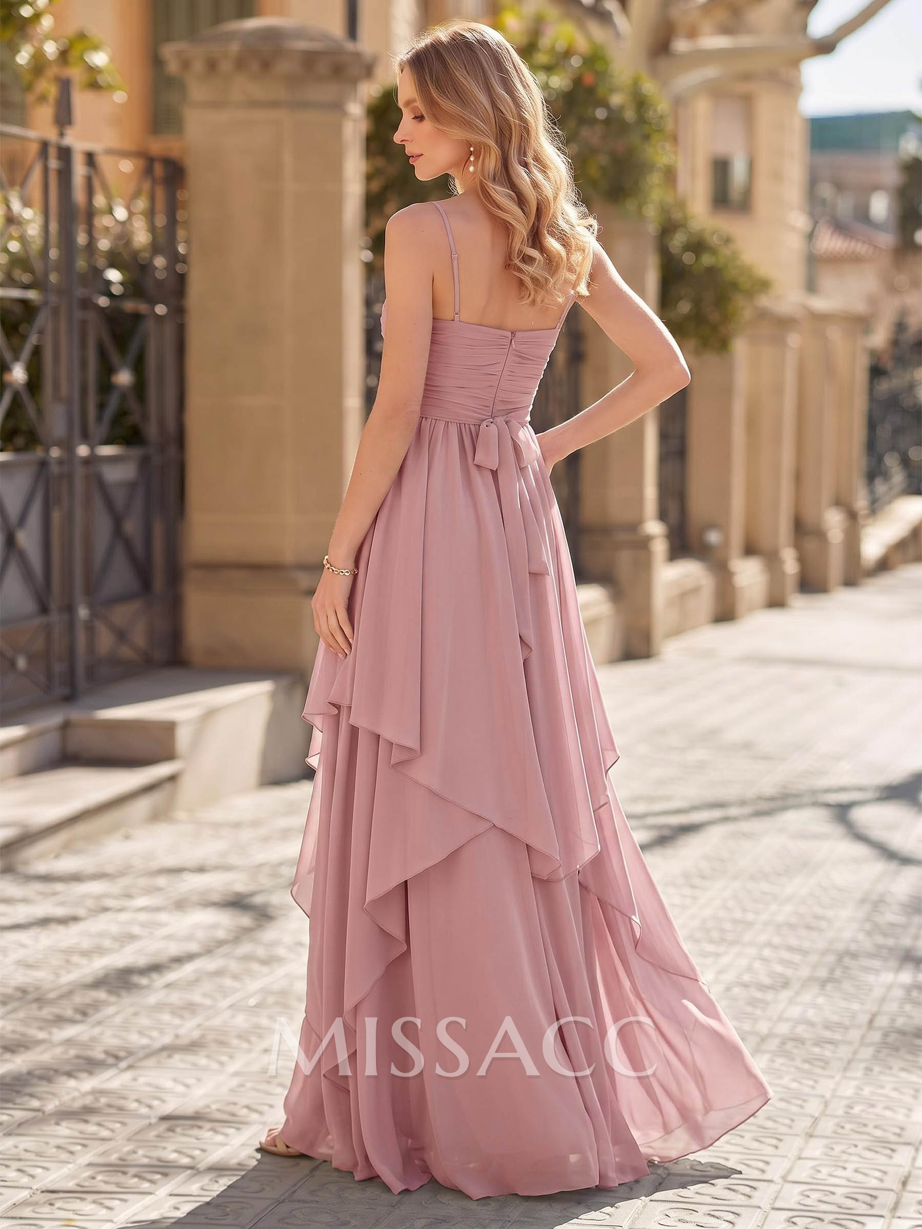 A-Line Square Neckline Sleeveless Floor-Length Chiffon Evening Dresses With Bow(s)/Sash