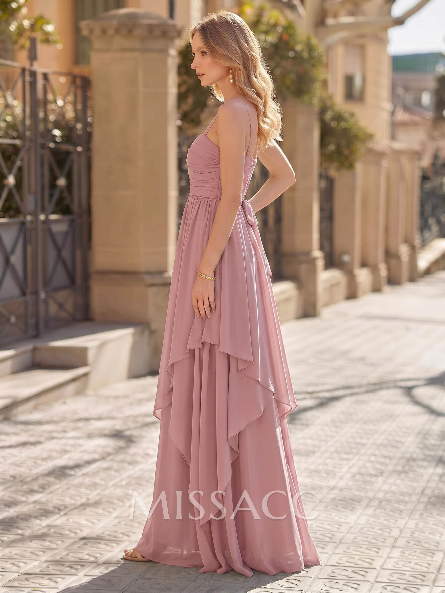 A-Line Square Neckline Sleeveless Floor-Length Chiffon Evening Dresses With Bow(s)/Sash