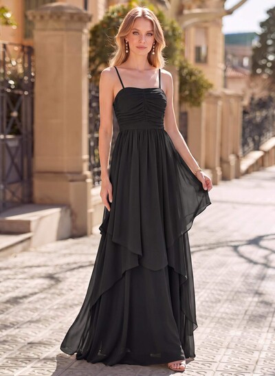 A-Line Square Neckline Sleeveless Floor-Length Chiffon Evening Dresses With Bow(s)/Sash