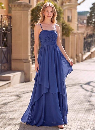 A-Line Square Neckline Sleeveless Floor-Length Chiffon Evening Dresses With Bow(s)/Sash