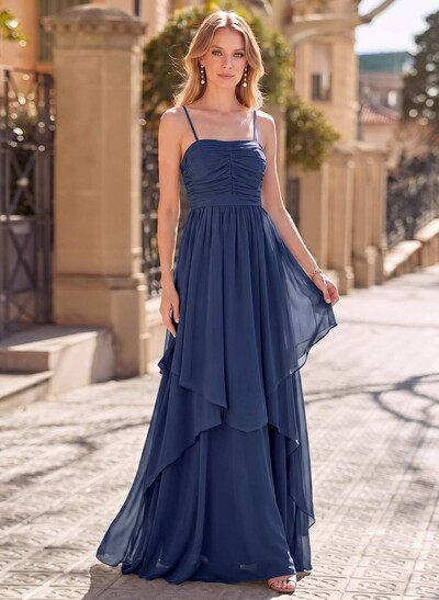A-Line Square Neckline Sleeveless Floor-Length Chiffon Evening Dresses With Bow(s)/Sash