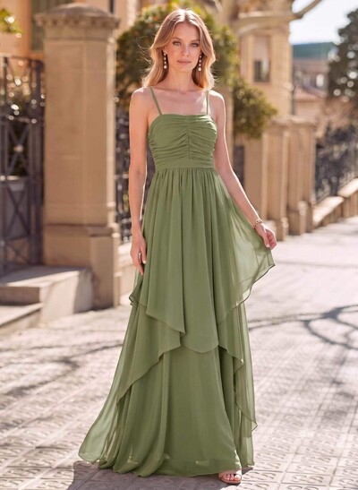 A-Line Square Neckline Sleeveless Floor-Length Chiffon Evening Dresses With Bow(s)/Sash