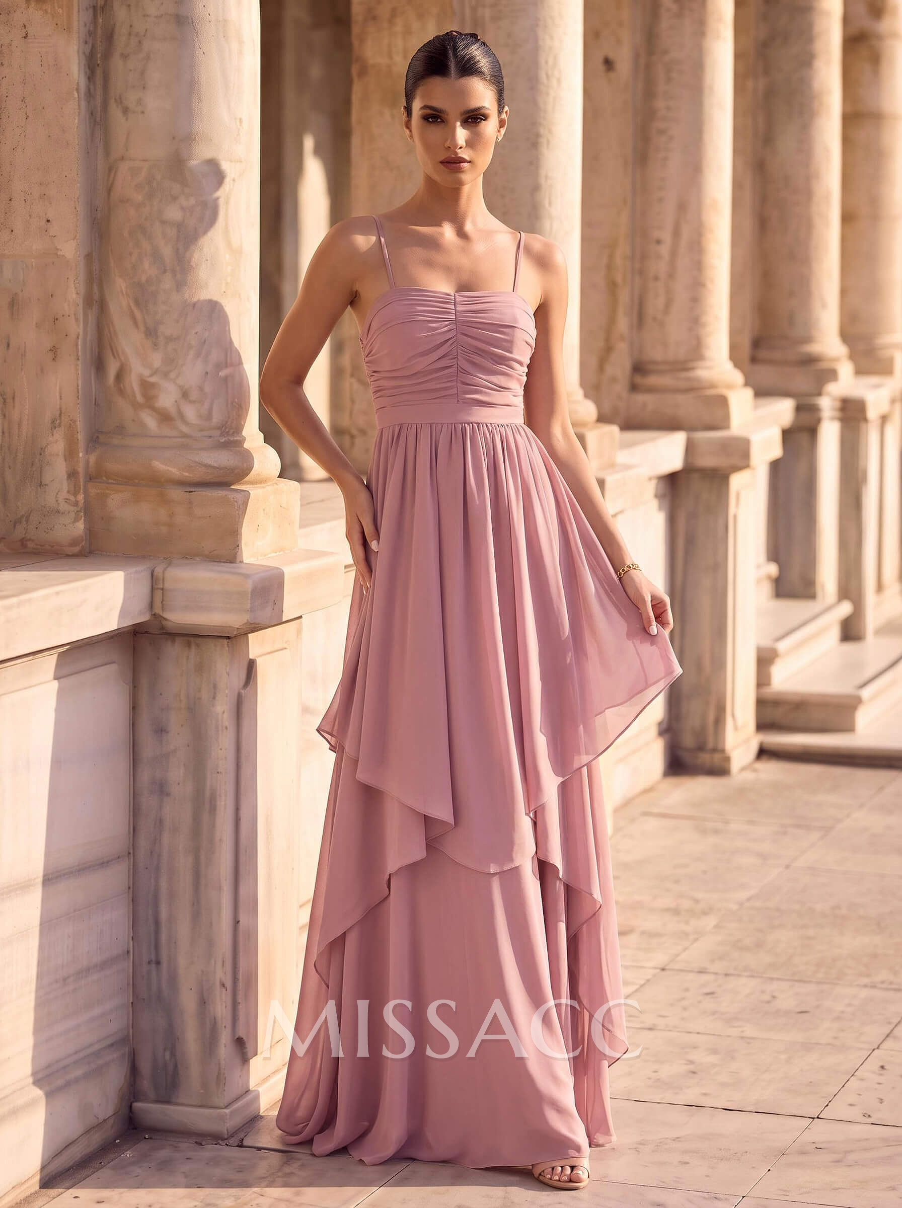 A-Line Square Neckline Sleeveless Floor-Length Chiffon Evening Dresses With Bow(s)/Sash