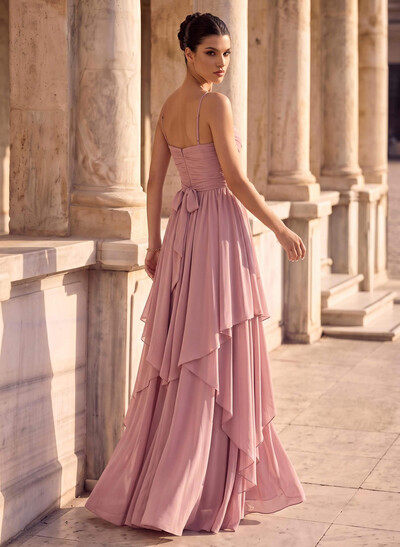 A-Line Square Neckline Sleeveless Floor-Length Chiffon Evening Dress With Bow/Sash