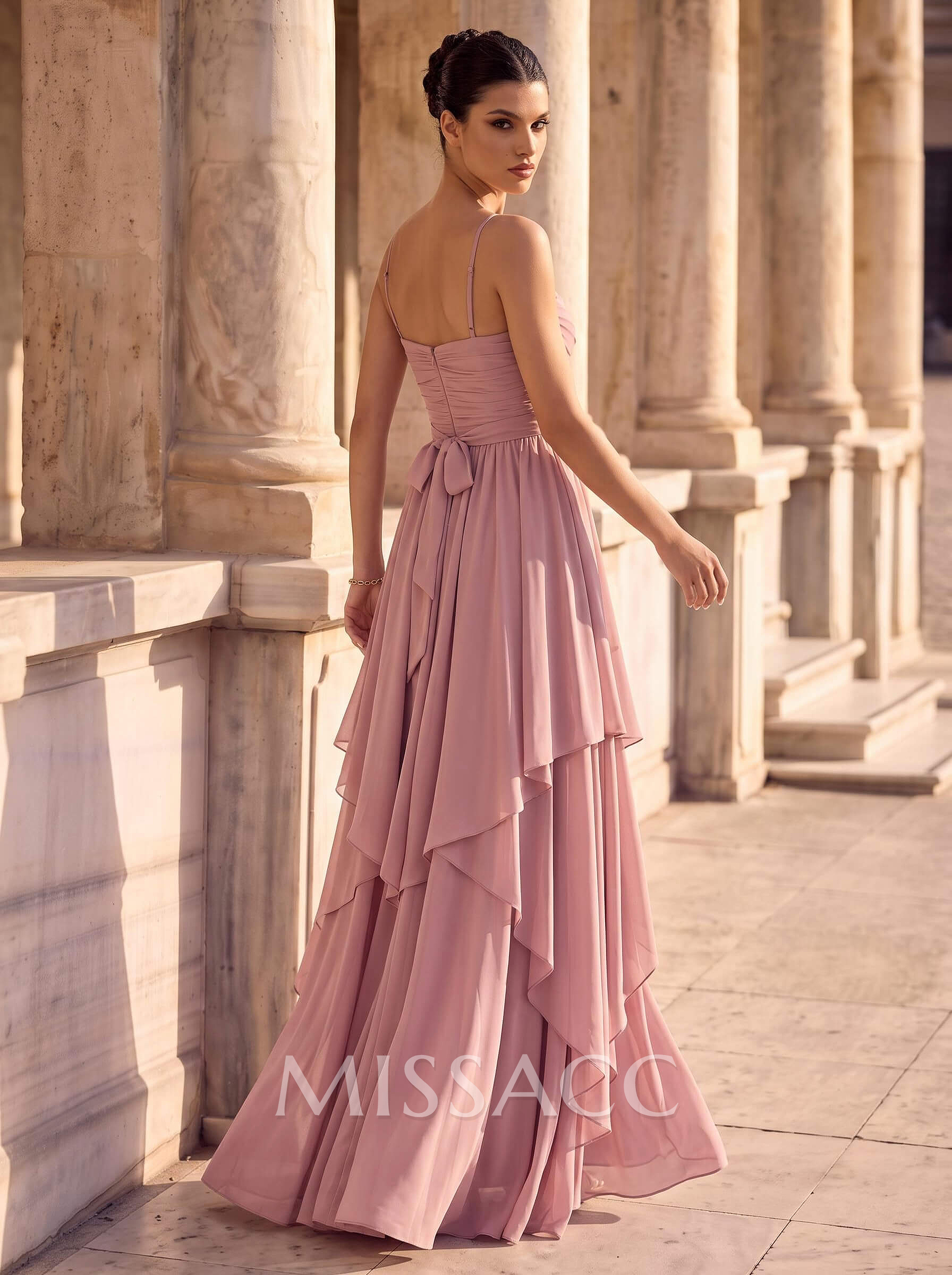 A-Line Square Neckline Sleeveless Floor-Length Chiffon Evening Dresses With Bow(s)/Sash