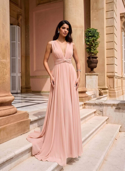 A-Line Plunge Neck Sleeveless Floor-Length Chiffon Evening Dresses