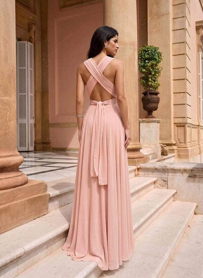 A-Line Plunge Neck Sleeveless Floor-Length Chiffon Evening Dresses