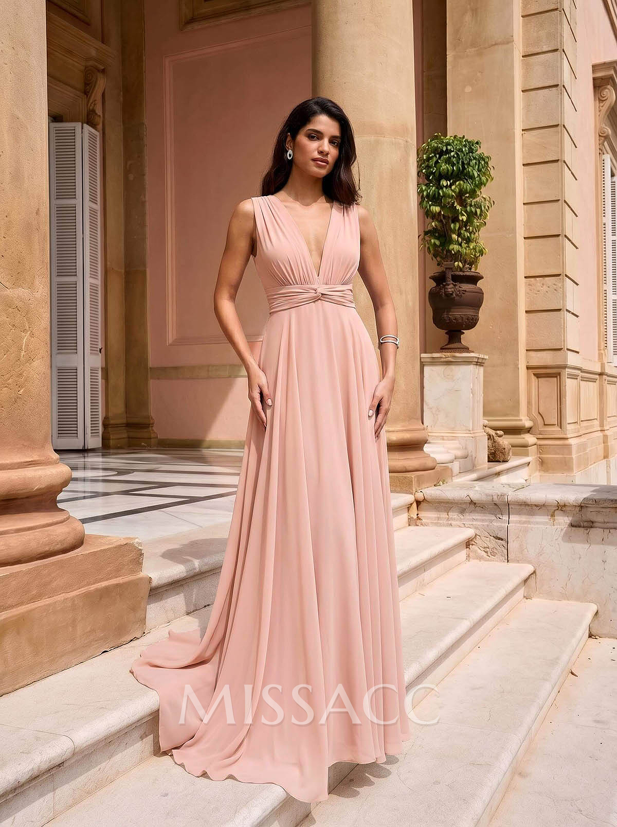 A-Line Plunge Neck Sleeveless Floor-Length Chiffon Evening Dresses