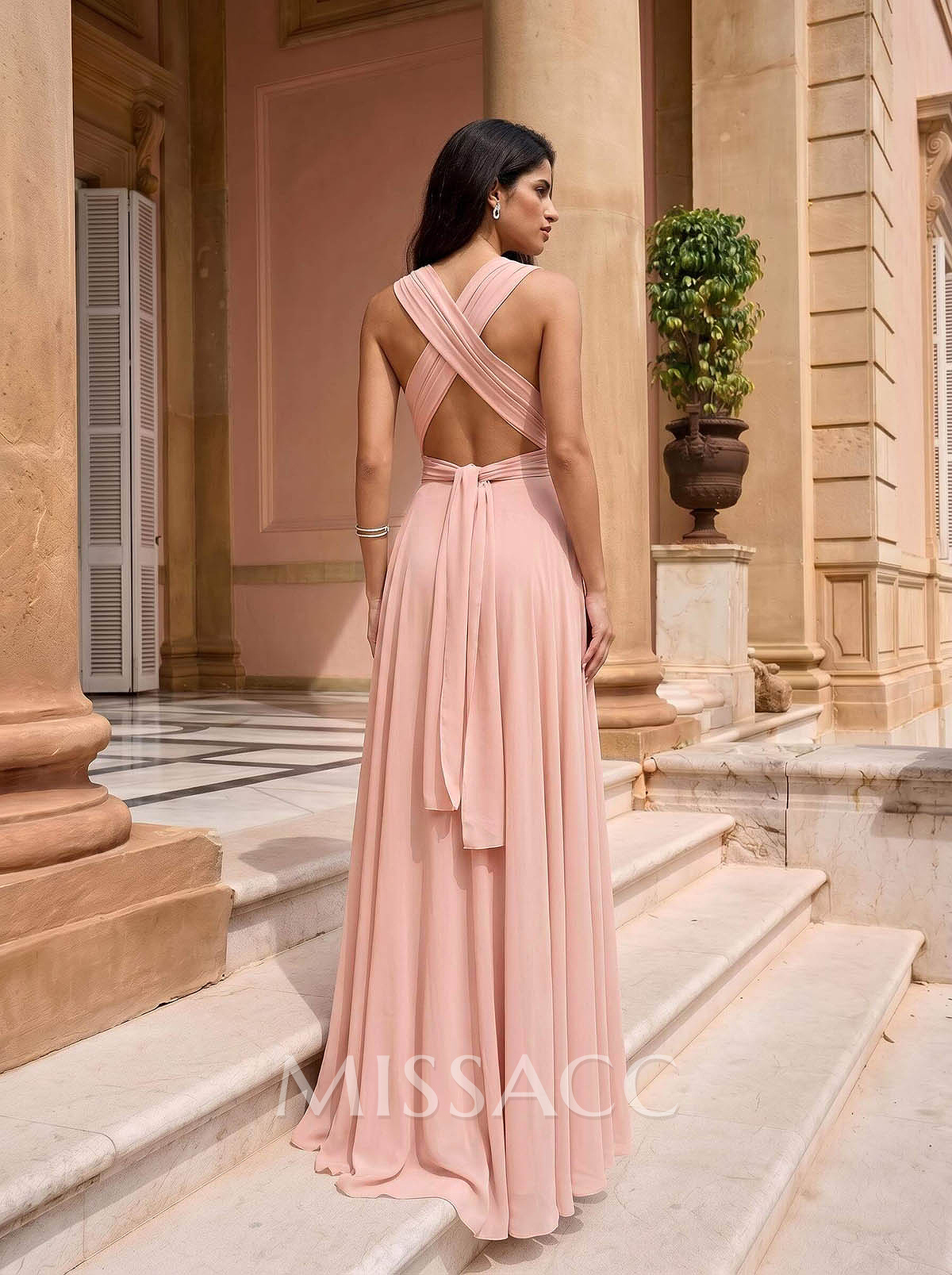 A-Line Plunge Neck Sleeveless Floor-Length Chiffon Evening Dresses