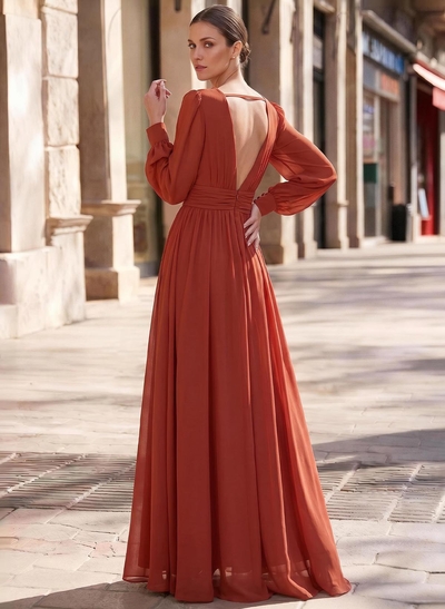 A-Line Plunge Neck Long Sleeves Sweep Train Chiffon Evening Dresses With Split Front