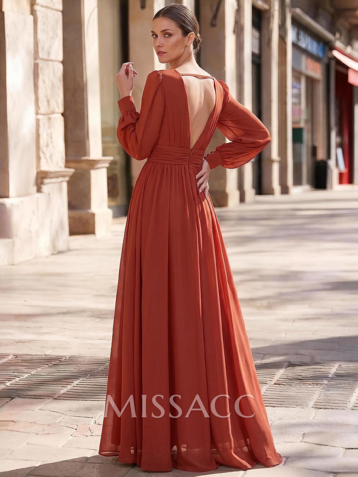 A-Line Plunge Neck Long Sleeves Sweep Train Chiffon Evening Dresses With Split Front