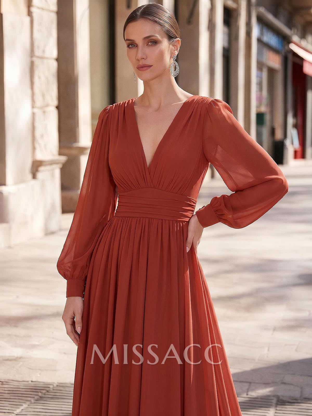 A-Line Plunge Neck Long Sleeves Sweep Train Chiffon Evening Dresses With Split Front