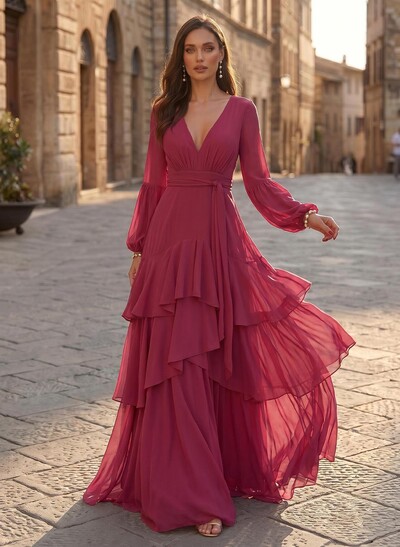 A-Line V-Neck Long Sleeves Sweep Train Chiffon Evening Dresses With Sash/Tiered