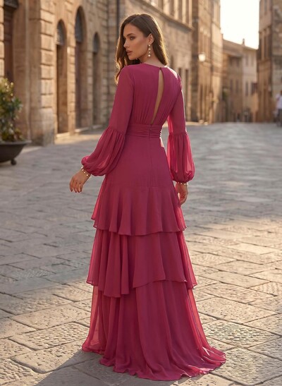 A-Line V-Neck Long Sleeves Sweep Train Chiffon Evening Dresses With Sash/Tiered