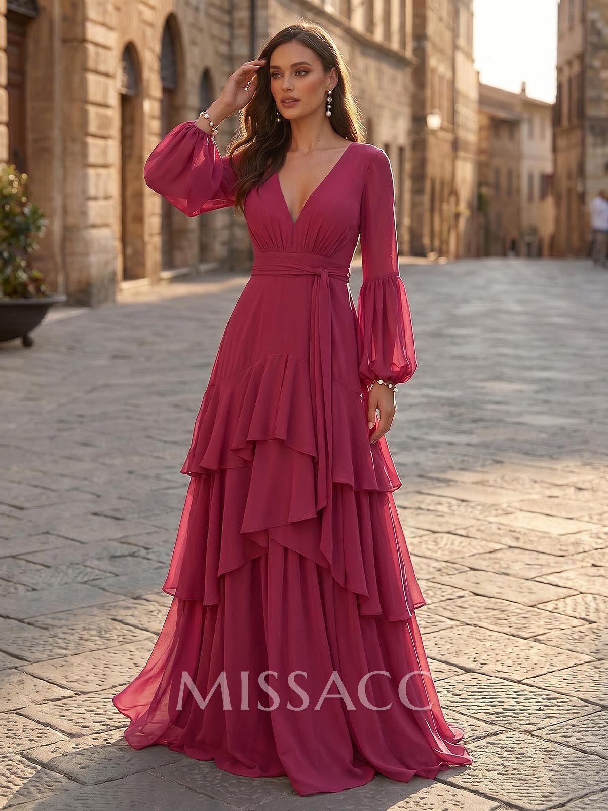 A-Line V-Neck Long Sleeves Sweep Train Chiffon Evening Dresses With Sash/Tiered