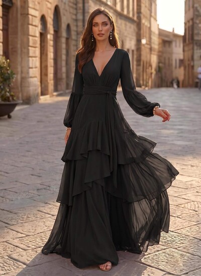 A-Line V-Neck Long Sleeves Sweep Train Chiffon Evening Dresses With Sash/Tiered
