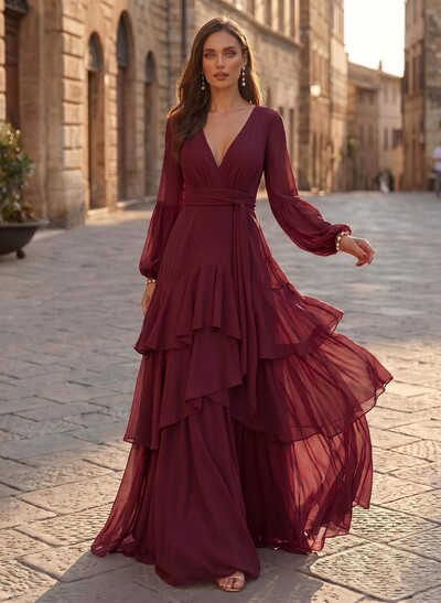 A-Line V-Neck Long Sleeves Sweep Train Chiffon Evening Dresses With Sash/Tiered