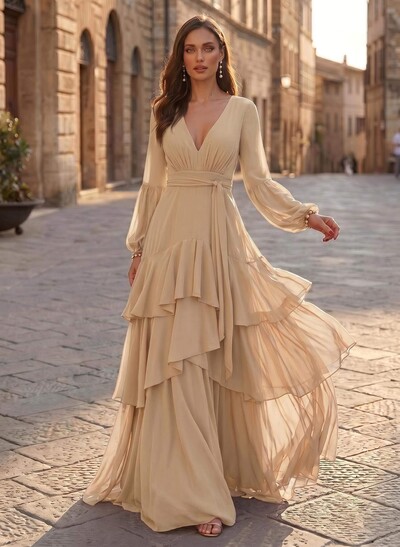 A-Line V-Neck Long Sleeves Sweep Train Chiffon Evening Dresses With Sash/Tiered