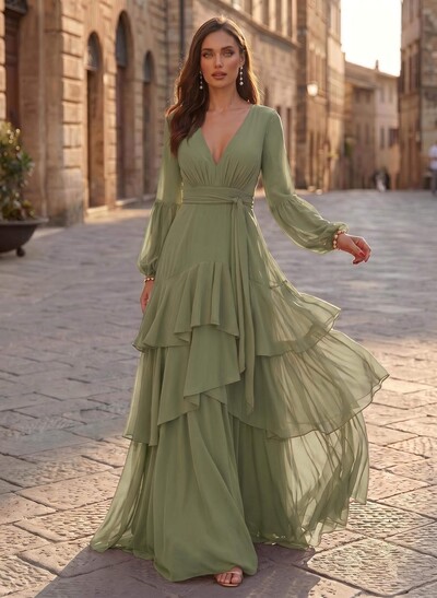 A-Line V-Neck Long Sleeves Sweep Train Chiffon Evening Dresses With Sash/Tiered