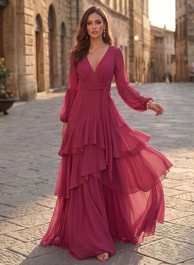 A-Line V-Neck Long Sleeves Sweep Train Chiffon Evening Dresses With Sash/Tiered