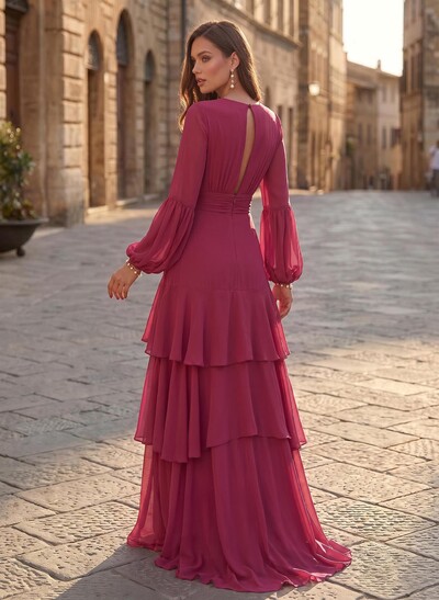 A-Line V-Neck Long Sleeves Sweep Train Chiffon Evening Dresses With Sash/Tiered