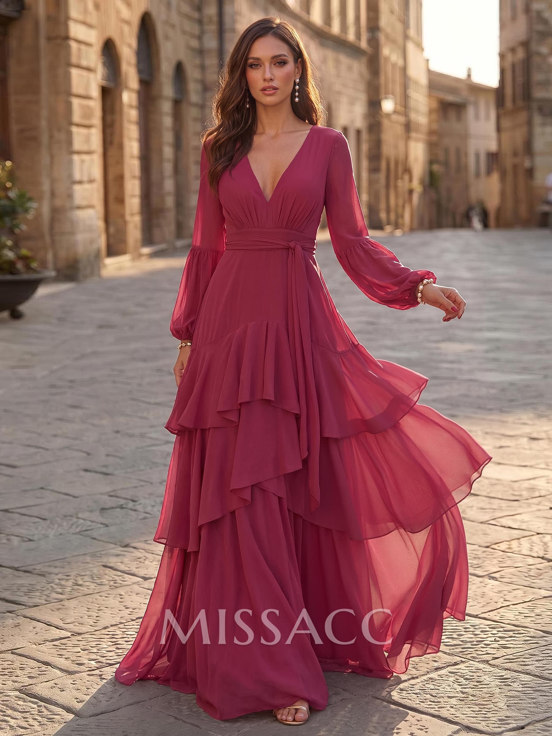 A-Line V-Neck Long Sleeves Sweep Train Chiffon Evening Dresses With Sash/Tiered A-Line V-Neck Long Sleeves Sweep Train Chiffon Evening Dresses With Sash/Tiered
