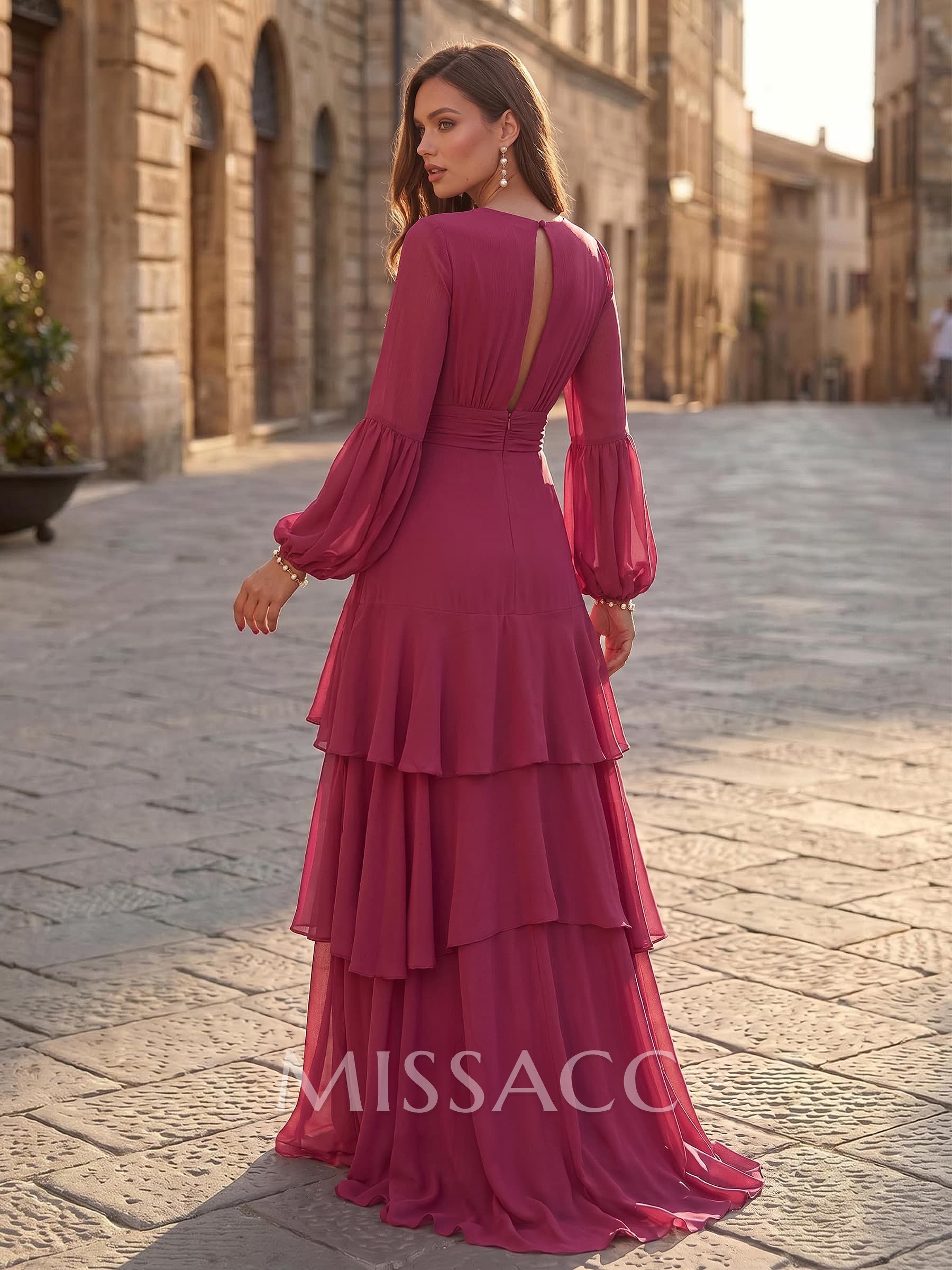 A-Line V-Neck Long Sleeves Sweep Train Chiffon Evening Dresses With Sash/Tiered A-Line V-Neck Long Sleeves Sweep Train Chiffon Evening Dresses With Sash/Tiered