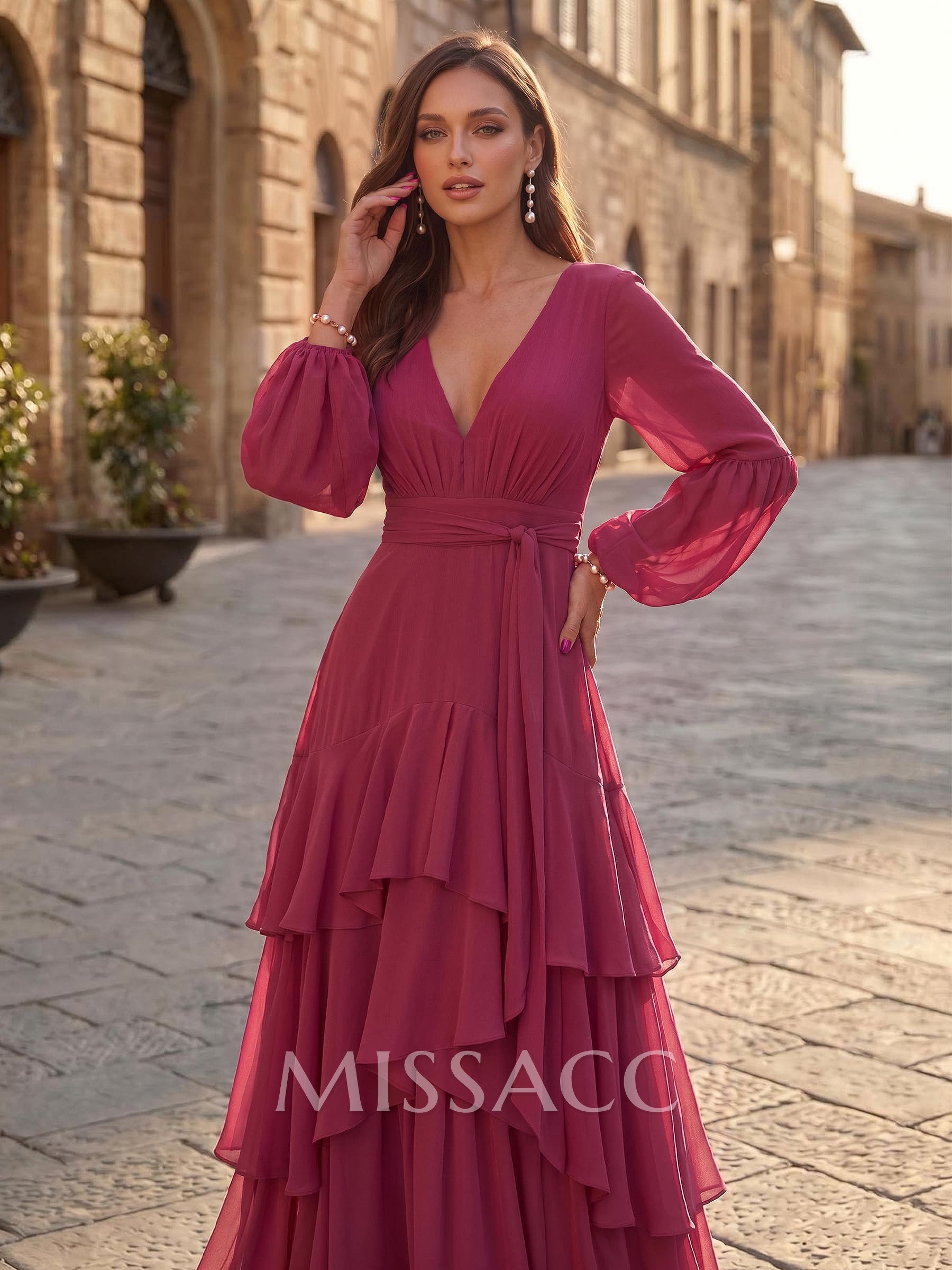A-Line V-Neck Long Sleeves Sweep Train Chiffon Evening Dresses With Sash/Tiered A-Line V-Neck Long Sleeves Sweep Train Chiffon Evening Dresses With Sash/Tiered