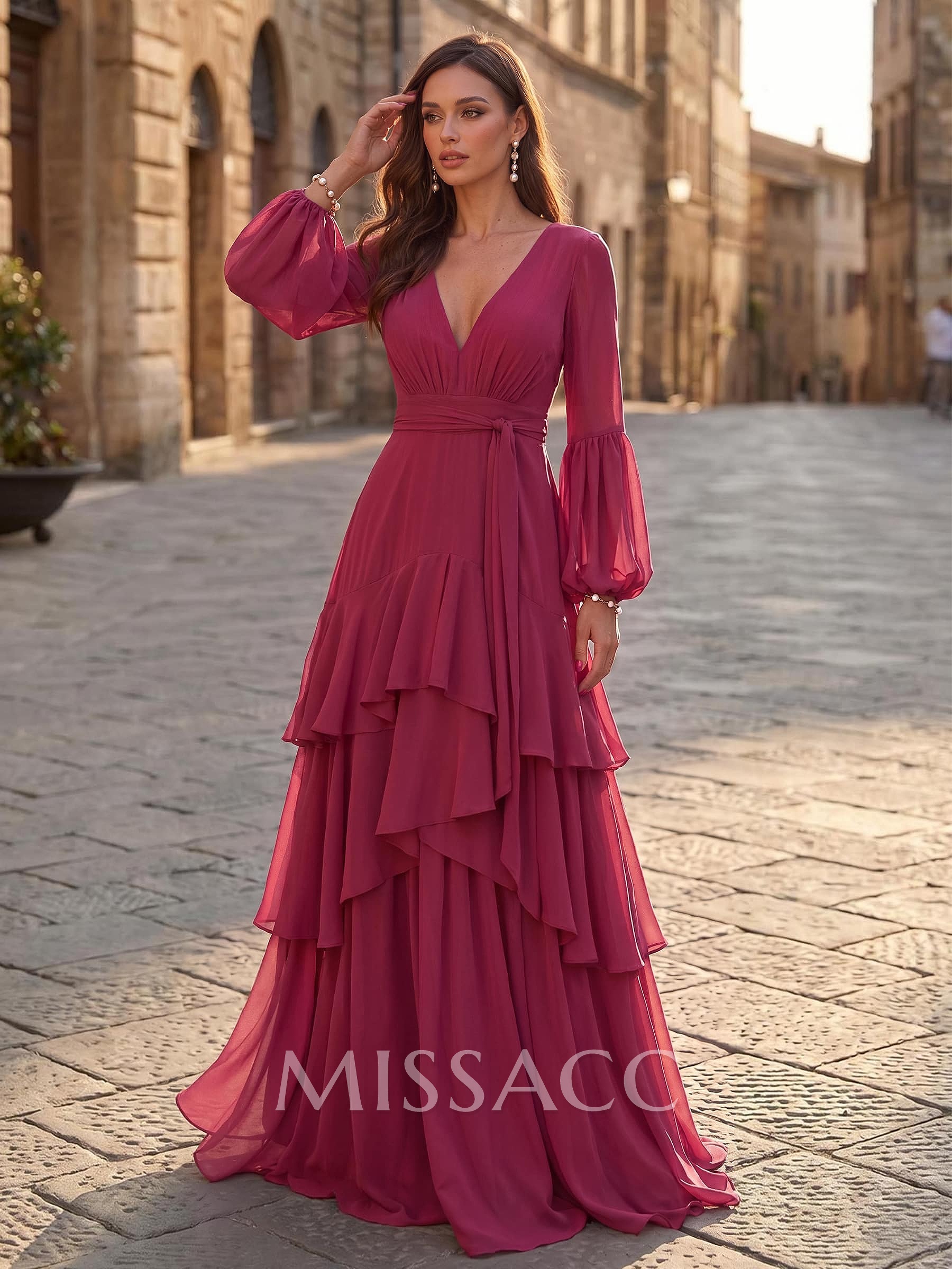 A-Line V-Neck Long Sleeves Sweep Train Chiffon Evening Dresses With Sash/Tiered A-Line V-Neck Long Sleeves Sweep Train Chiffon Evening Dresses With Sash/Tiered