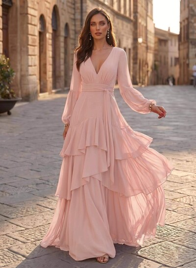 A-Line V-Neck Long Sleeves Sweep Train Chiffon Evening Dresses With Sash/Tiered