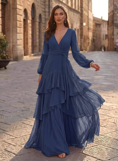 A-Line V-Neck Long Sleeves Sweep Train Chiffon Evening Dresses With Sash/Tiered