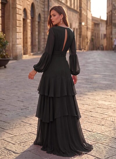 A-Line V-Neck Long Sleeves Sweep Train Chiffon Evening Dresses With Sash/Tiered