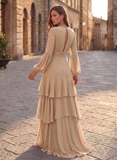 A-Line V-Neck Long Sleeves Sweep Train Chiffon Evening Dresses With Sash/Tiered