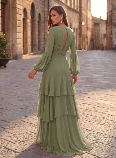 A-Line V-Neck Long Sleeves Sweep Train Chiffon Evening Dresses With Sash/Tiered