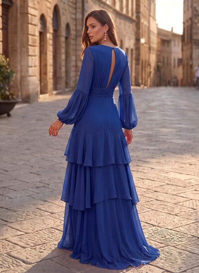 A-Line V-Neck Long Sleeves Sweep Train Chiffon Evening Dresses With Sash/Tiered