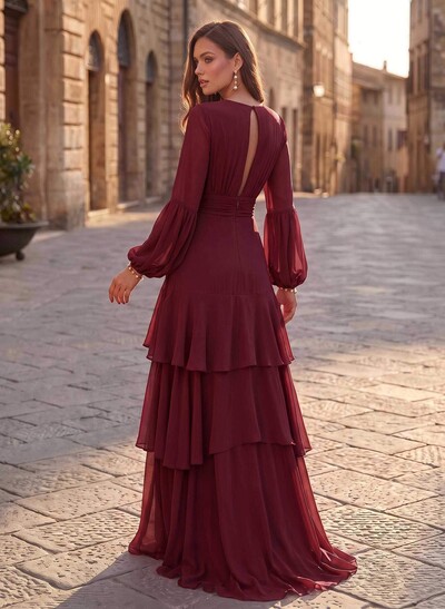 A-Line V-Neck Long Sleeves Sweep Train Chiffon Evening Dresses With Sash/Tiered