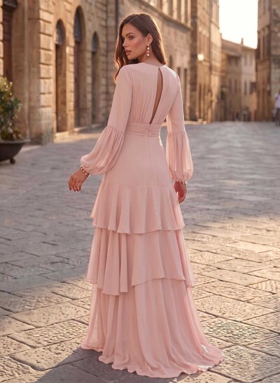 A-Line V-Neck Long Sleeves Sweep Train Chiffon Evening Dresses With Sash/Tiered